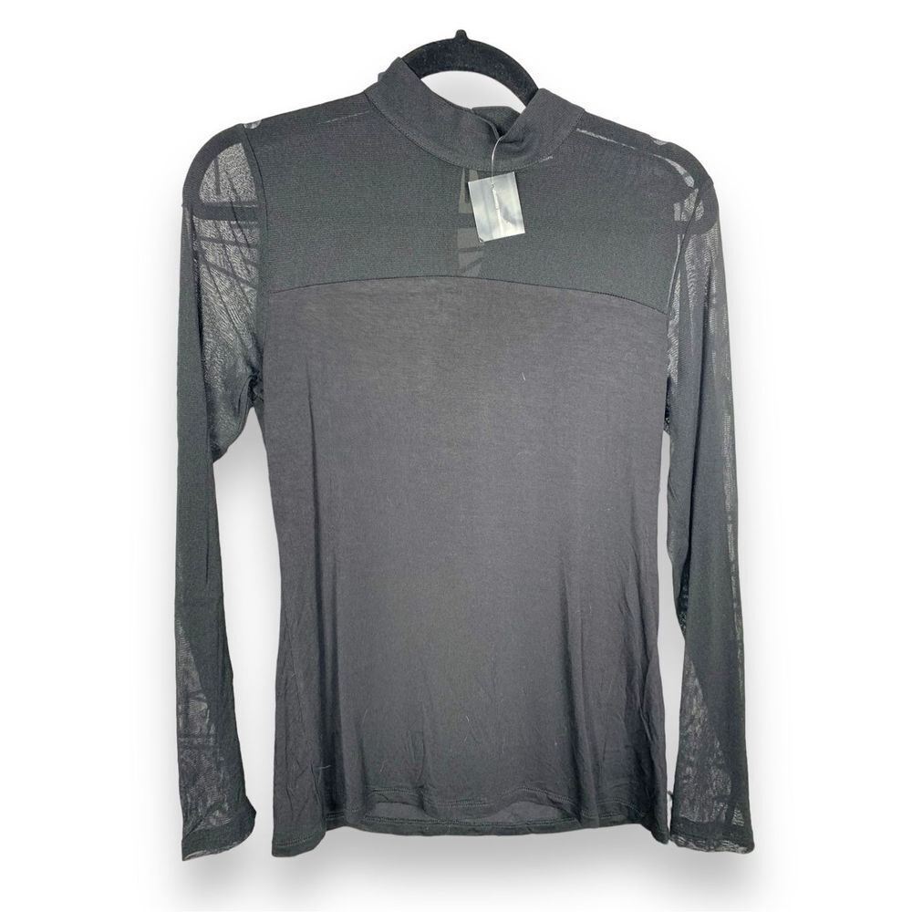 INC black sheer sleeve mock neck keyhole back blouse NWT M